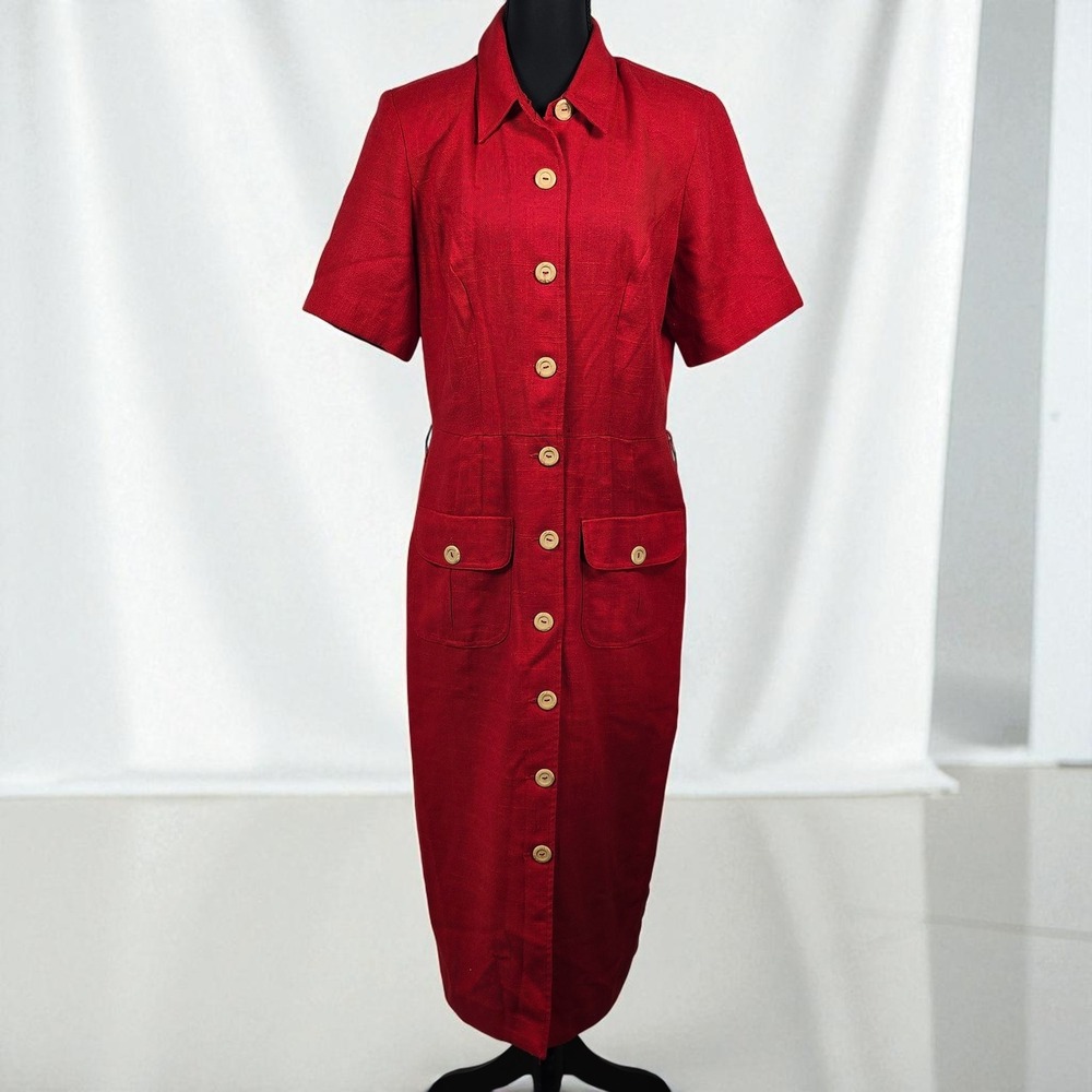 MHM Melissa Harper Red Dress Woman 12 Button Front Pockets Career Midi‎ Teacher